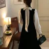 Casual Dresses Korean Chic Long Dress 2024 Spring Elegant Office Lady Bow Tie Temperament Patchwork Black Retro Vintage Women