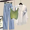 Frühling/Sommer passendes Set für Damen, lässig, gestreift, Sonnenschutz, Shirt, Weste, Jeans, dreiteilige koreanische, elegante Denim-Hosen 240329