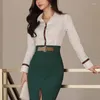 Werkjurken Dames Lente Herfst POLO Kraag Effen Kleur Patchwork Mode Lange mouwen Slim Fit Single Breasted Overhemd Tweedelige set rok