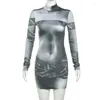 Casual Dresses Anjamanor 3D Body Print Sexiga klänningar Kvinnor 2024 Spring Fashion Long Sleeve Mini Bodycon Dress Club Outfits D96-BF23