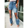 Vår sommaren 2024 stora rippade jeans kvinnokedjor prydnader dagligen resor rak ben