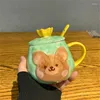 Muggar ins koreansk söt tecknad frukost kreativ vatten kopp tjej student keramik täckt sked björnmugg