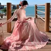 Robes décontractées Français Été Rose Fleur Imprimer Vacances Maxi Robe Femmes Sexy Col V Profond Dos Nu Rayé En Mousseline De Soie Haute Taille Plage Longue