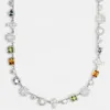 Mässing Sier Plated Multi Color CZ Gemstone Charm Link Chain Necklace Iced Out Hip Hop Jewelry
