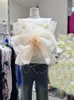 Женские блузки ZZSLUIA Сексуальные топы для женщин 3D цветочные аппликации с оборками по подолу Короткие сетчатые рубашки Модные складки Дизайнерская эластичная рубашка женская