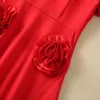 Vestidos de festa zjyt pista 2024 verão vermelho midi para mulheres elegante manga curta 3d floral sólido aline vestido ocasião especial robe