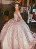 Incroyable or rose manches longues 3D fleur Quinceanera robe de bal robe de bal perlée Illusion soirée robes formelles doux 16 robes7704662