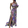 Casual jurken Tule avondjurk Elegante maxi-jurk met één schouder en bloemenprint met split aan de zijkant Geplooid detail voor feesten en banketten