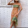 Повседневные платья Летнее платье с принтом Элегантный этнический стиль Макси для женщин Пляжный сарафан трапециевидной формы с высокой талией и эластичными складками