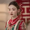 Hårklipp kinesiska xiuhe brudhuvudbonad röd sammet blomma tofs step skaka phoenix krona bröllop cheongsam tillbehör