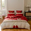 Ensembles de literie 100 fils au pouce carré de coton à fibres longues, ensemble de nœud de style princesse rouge, housse de couette, drap et taie d'oreiller, linge de lit pour adulte