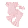 Kleidungssets Baby-Kind-Kleidung Mädchen-Sommer-Outfits Blumendruck Kurzarm-Strampler Schlaghose Stirnband 3-teiliges Born-Set