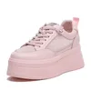 Casual Shoes 8cm äkta lädermask kvinnor vit rosa plattform kil dold häl chunky sneakers skateboard