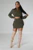 Robes de travail Echoine Army Green Mini Jupe Ensemble Deux Pièces Cargo Manches Longues Col Rabattu Poche À Fermeture Éclair Crop Top Veste Courte Automne