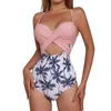 Women's Swimwear Printed Beach Stitching Gathered Hollow Backless Sexy Swimsuit Swim Bras For Under Swimsuits