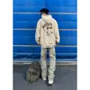 American Street Functional Design Jeans med trasiga lappar, blixtlåsfickor, gul lera nödställda borstade långa byxor för män