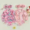 Focusnorm 0-3Y Kids Girls Swimsuit Romper 2st Flamingo/Flower Print dragkedja långärmad baddräkt med huvudbonader