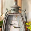 Table Clocks Antique Grey Handle Candle Lantern Shape Iron Clock European Farm House Home Garden Tabletop Decor Metal With