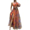 Casual Dresses Women Dress One Shoulder Double-Layered Tie-Dye Flower Print Mesh Bubble Sleeve Golvlängd Split Hem Ball Gown Evening