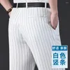 Męskie garnitury płaskie spodnie dla mężczyzn w paski cienkie lato proste wysoką talię czarny biały niebieski formalny moda sukienki Korea sukienki