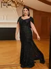 Missord Plus Size Schwarzes drapiertes V-Ausschnitt-Kurzarm-Pailletten-Meerjungfrau-Abendkleid in Bodenlänge 240327