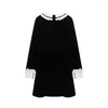 Casual Dresses GkyocQ French Retro Black Velvet Dress For Women Elegant Turn Down Collar Spliced Bow Long Sleeve Loose A Line Female