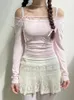 IAMTY Dolce Lace-up Slash Neck T-shirt Rosa Kawaii Manica lunga Top Primavera Casual Y2K Estetico Top Coreano Abiti carini 240315