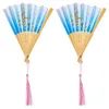 Decorative Figurines Bamboo Fan Chinese Style Tassel Folding Wedding Gift Guest Birthday Party Supplies (cherry Blossoms - Light Blue) 2pcs