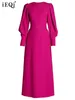 Casual Dresses High End Rose Red For Women Round Neck Lantern ärmar Midjan Solid Evening Party Dress 2024 Autumn WQ8296