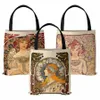 Mucha Series Digital Printed Canvas Bag öppna Tote Bag Handväska Retro Canvas Shop Bag H5nm#