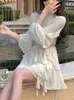 Casual Dresses Korean Fashion Clothing Chicly Chiffon Y2K Mini Dress for Office Lady - Summer Beach Style With Long Sleeve Elegance