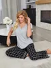 Accueil Vêtements Femmes Pyjamas Ensemble Manches Courtes Hauts Pantalons Longs 2 Pièces Avant Col En V Boutonné T-shirt Avec Plaid Pyjamas Loungewear Costume