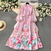 Vestidos casuais básicos 2024 moda lindo vestido de flor de impressão mulheres gola longa lanterna manga faixas de linho único breasted maxi robe roupas