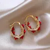 Hoop Earrings Trendy Red Rose Flower Rhinestone For Women Temperament Metal Piercing Wedding Party Jewelry Gifts