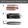 Förvaringspåsar 5pc Set Compression Packing kuber Utökbar vattentät arrangör för resesväskan Klädbagage sortering w/ skopåse