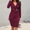 Vestidos casuais eleagnce botão lapela vestido de trabalho para mulheres cor sólida manga longa envoltório hip slim fit sexy v pescoço joelho comprimento vestidos