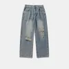 Han Lu Men's Washed and Worn Out Jeans, Men's Loose Straight Leg, Micro Wide Trendy Brand Denim Pants