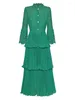 Vestidos casuais aeleseen pista moda verde vestido plissado mulheres primavera verão rendas retalhos em cascata babados diamantes botão elegante