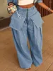 Jeans femininos ins safari estilo denim calças para mulheres primavera y2k roupas grandes bolsos zíper perna larga streetwear calças