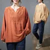 Women's T Shirts 2024 Spring Autumn Arts Style Women Long Sleeve Loose V-neck Tees T-shirt Vintage Embroidery Casual Tshirt Femme Tops P399