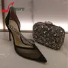 Dress Shoes Luxury Crystal Suede High Heels For Women Sexy Ladies Party Banquet Fashion Rhinestone Wine Red Black Hollow Leather Pumps
