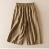 Pantalones de mujer de lino de algodón de cintura alta pierna ancha recortada verano estilo coreano Simple elegante suelto Casual recto