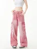 女子ジーンズの女性ピンク貨物パンツハイウエストカジュアルビンテージファッションレジャーストレートワイドレッグ2024冬のモッピングズボン