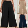 Calças femininas mulheres verão smocked cintura alta perna larga calça cortada trabalho negócios leve sólido palazzo 3/4 calças culotte