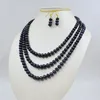 Necklace Earrings Set 3 Rows 7MM Natural Black Pearl Earrings. Women's Wedding Jewelry