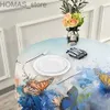 Table Cloth Blue Butterfly Floral Round Tablecloth Washable Polyester Lace Trim 60 Inch Kitchen Circle Table Cloth Cover Mat for Party Decor Y240401