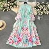 Vestidos casuais básicos 2024 moda lindo vestido de flor de impressão mulheres gola longa lanterna manga faixas de linho único breasted maxi robe roupas