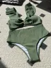 Damenbadebekleidung Rüschen V-förmiger gerippter weiblicher Badeanzug mit hoher Taille Bikini Frauen Zweiteiliges Set Badende Badeanzug Schwimmen K5124