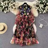 Vestidos casuais moda luxo verão malha flor impressão midi vestido elegante mulheres o pescoço bordado lanterna manga babados feriado longo