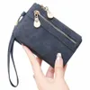 vintage small double folding zipper with wrist strap short wallet, PU leather portable multi card wallet, with ID window l0fY#